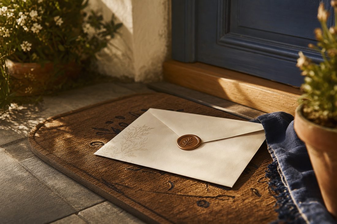 A sealed envelope arriving on a doormat